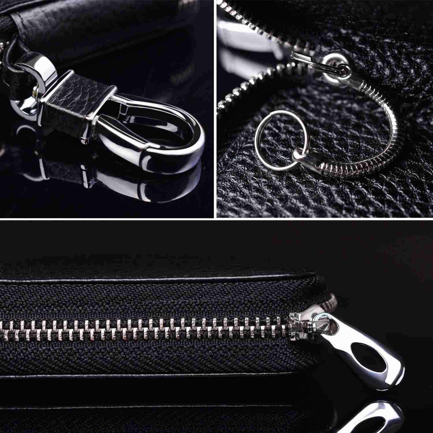 Car Key caseGenuine Leather Car Key Chain Keychain Holder Metal Hook and Keyring Zipper Bag for Remote Key Fob BlackW250911