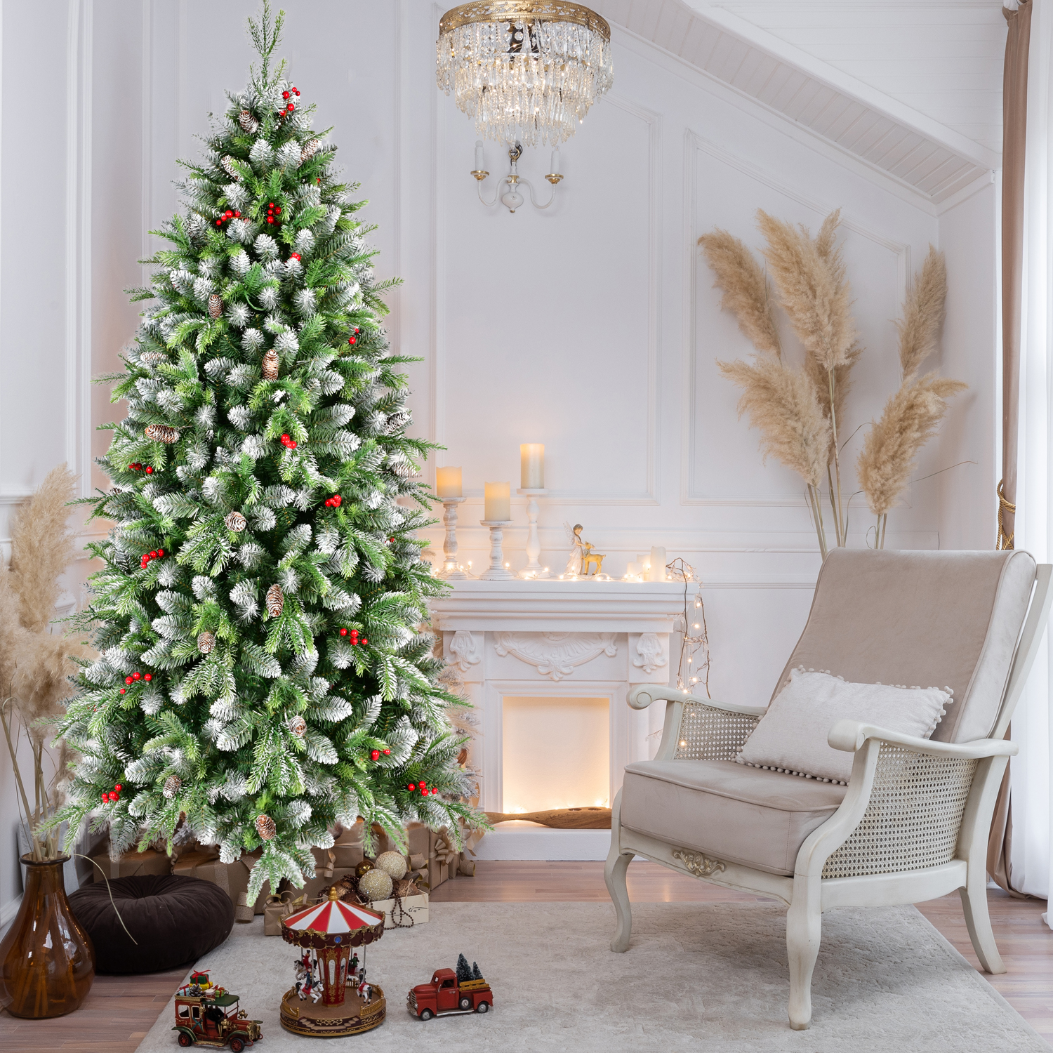 PVC & PE Mixed Warm White Christmas Tree with Red Berries and Natural Pine Cones - 6 Feet