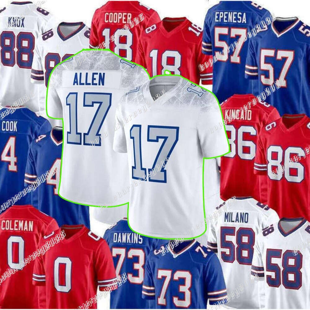 88 Dawson Knox Football Jerseys 0 Keon Coleman 17 Josh Allen 4 James Cook 86 Dalton Kincaid 40 Von Miller Jim Kelly Amari Cooper Dion Dawkins Cole Bishop Khalil