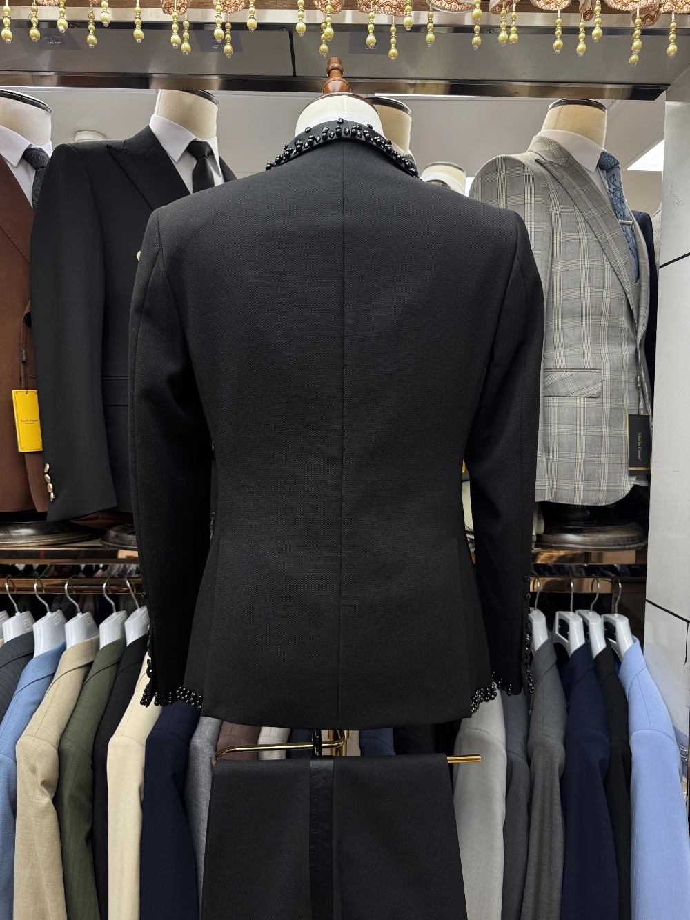 Vintage Men's Suit Crystal 2 Pieces Set Jacket Tailor-Made Blazer Double Breasted Beaded Rhinestone Groom Customized Coat Pants Plus Size