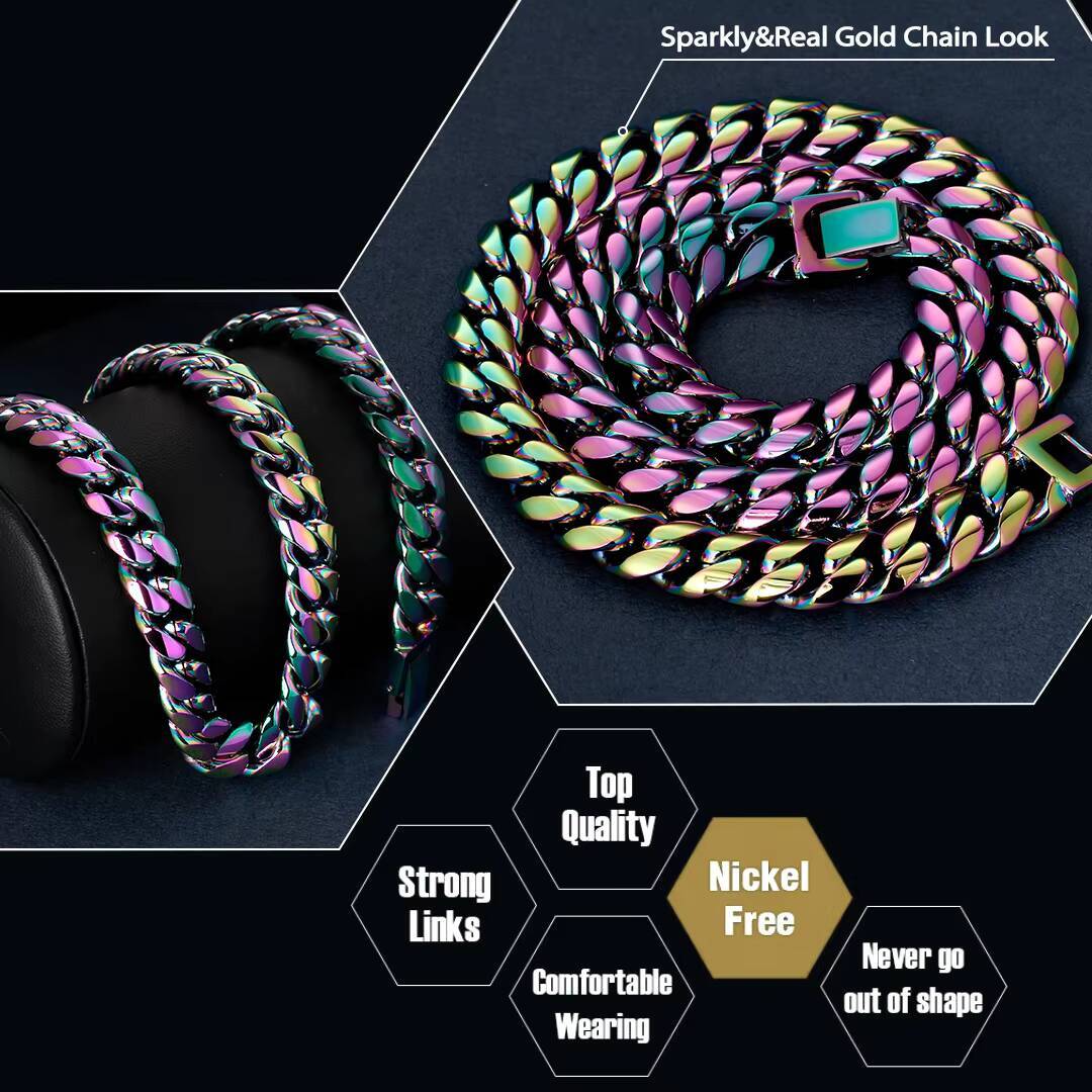 KRKC Custom Cuban Chain Set 14K Gold Plated High Quality Jewelry 10mm Hip Hop Black Rainbow Stainless Steel Cuban Link Necklace