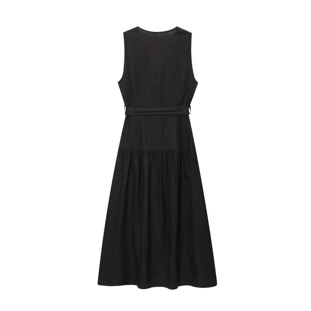 DHEssentials INS2025 New French Style Pure Desire Little Chanel V-Neck Sleeveless Belted Linen Blend Mid-Length Dress