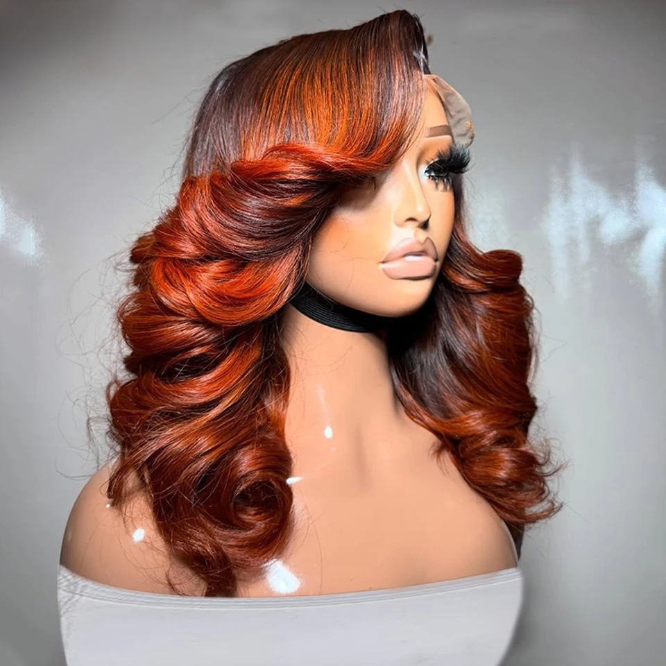 Highlight Ombre Brown Orange Body Wave Human Hair Wigs Short Bob Wig 13x6 13x4 HD Lace Frontal Wig Roots Copper Ginger Wig Transparent Lace Front Wig