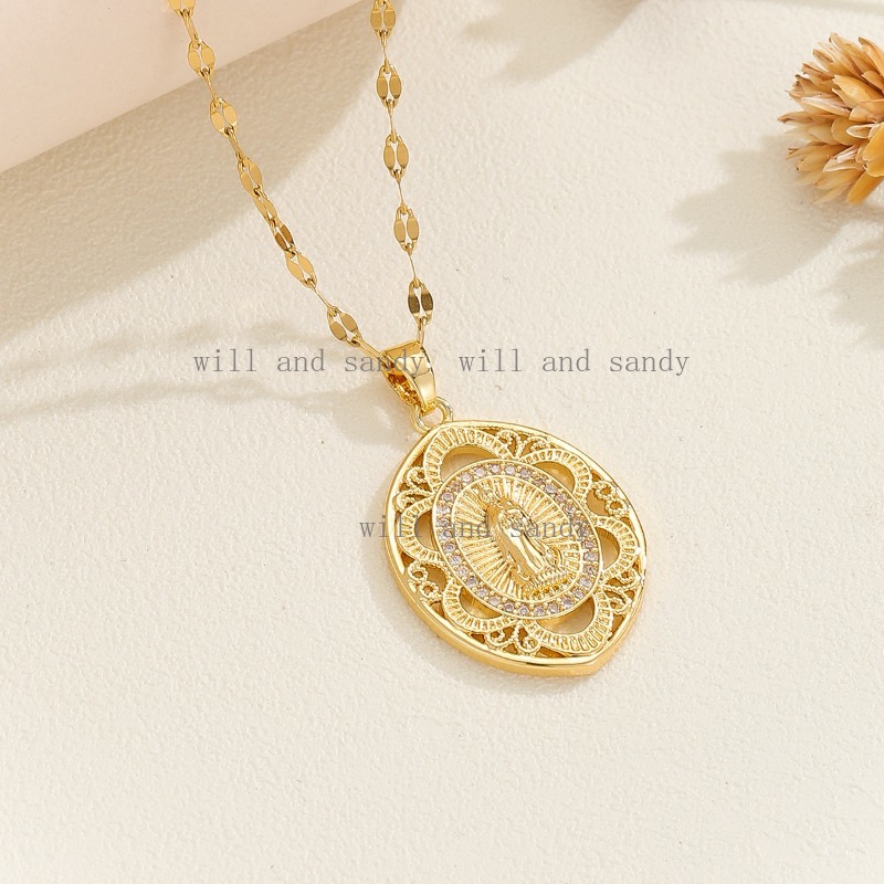 18k Gold Virgin Mary Necklace Designer Jewelry Rosary Gold Chain Cubic Zirconia Diamond Madonna Necklaces for Women Girls CZ crystal Religious Jewelry