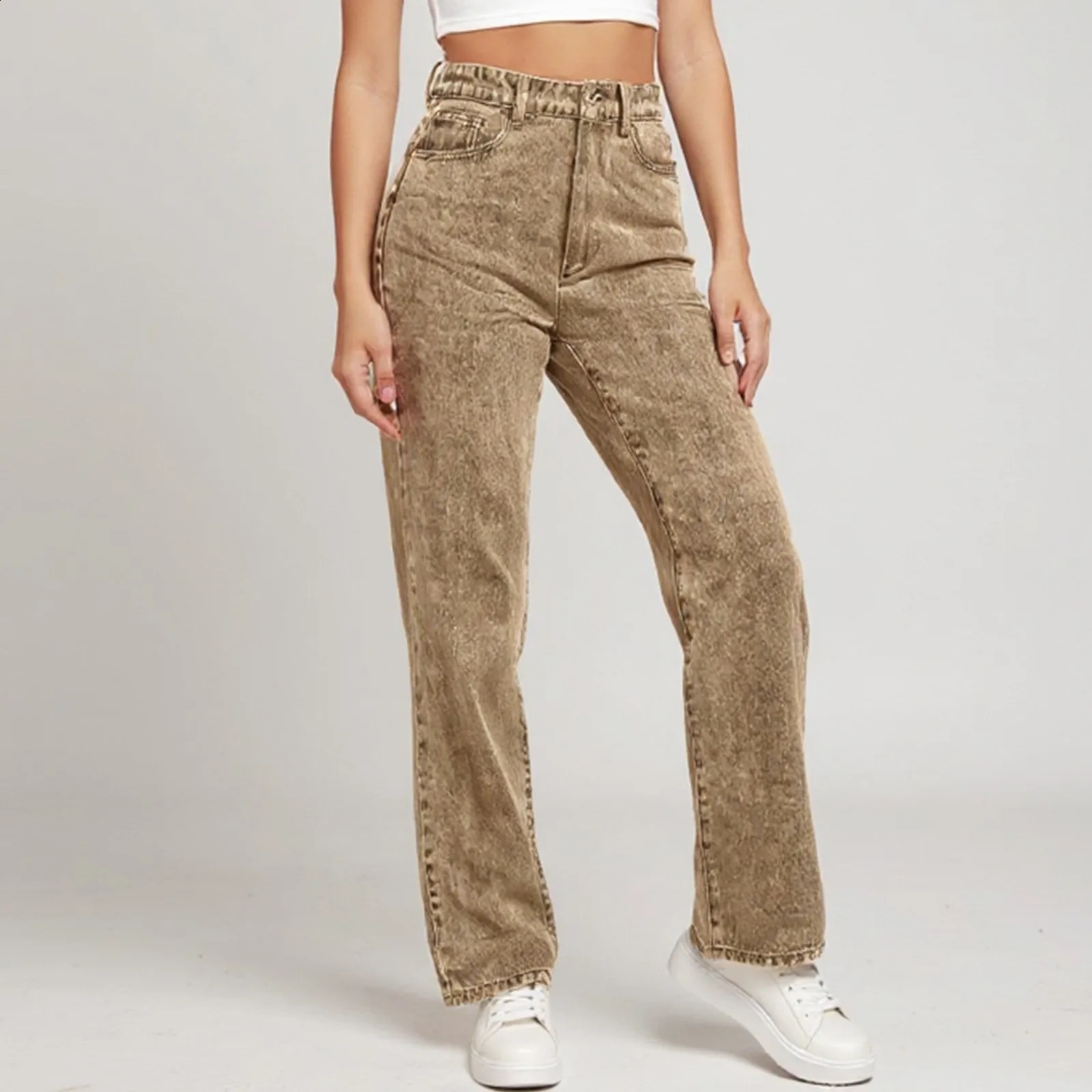 WomenS Straight Jeans Solid Color Distressed High Waist n Retro Trousers American Girl Style Pants Daily Street Wear 250911