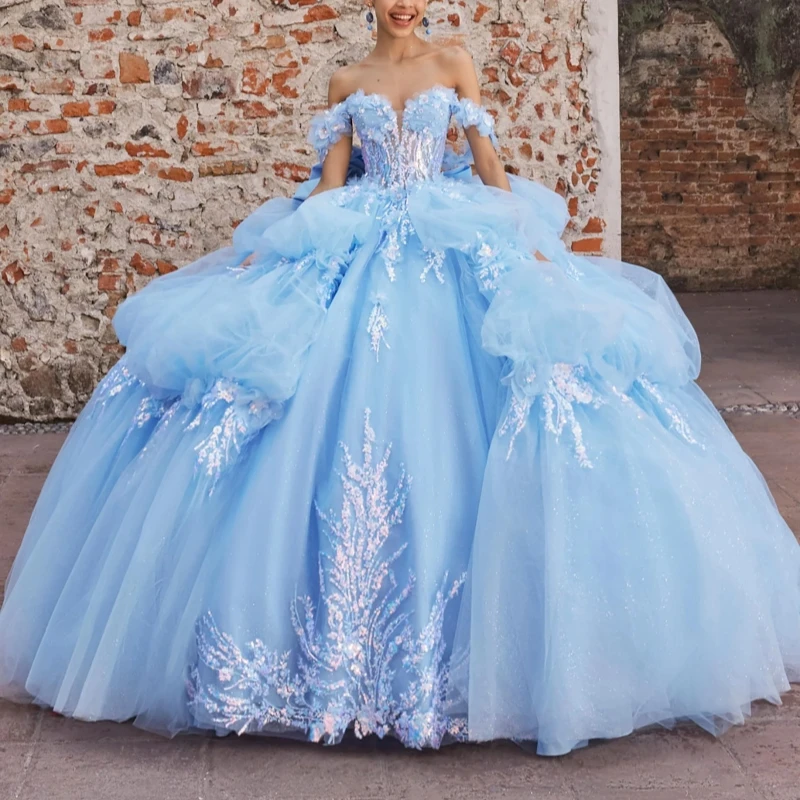 Sky Blue Quinceanera Dresses Ball Gown Off The Shoulder Sequin Applique Lace Beads Bow Tiered Tull Corset Party Birthday Sweet 16 Dress Vestidos 15 De