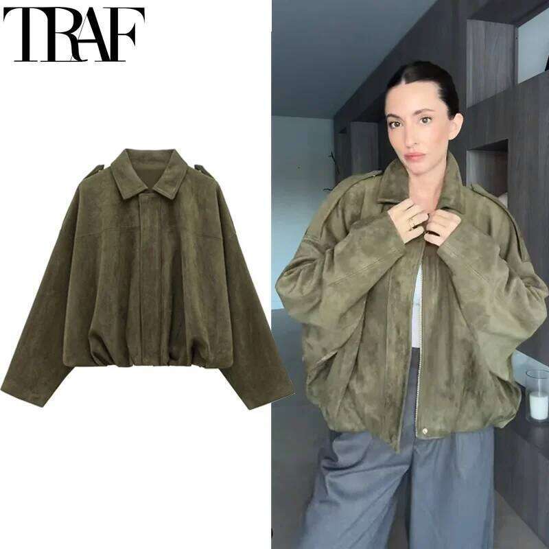 TRAF 2025 Women's Cropped Suede Jacket Women Demi-Season Bomber Jackets Long Sleeve Oversize Zipper Solid Coats