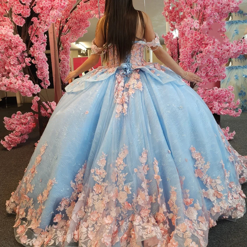 Customized Sky Blue Pink Princess Strapless lace-up Prom Dress Quinceanera Dress 15 16 Birthday Party Beaded Applique