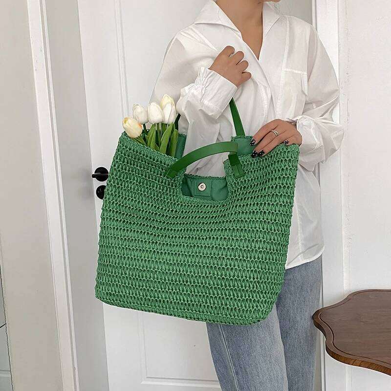 Green Design Straw For Women 2023 New Large Capacity Beach Summer Handmade Rattan Woven Shoulder Bag Female Handbag
