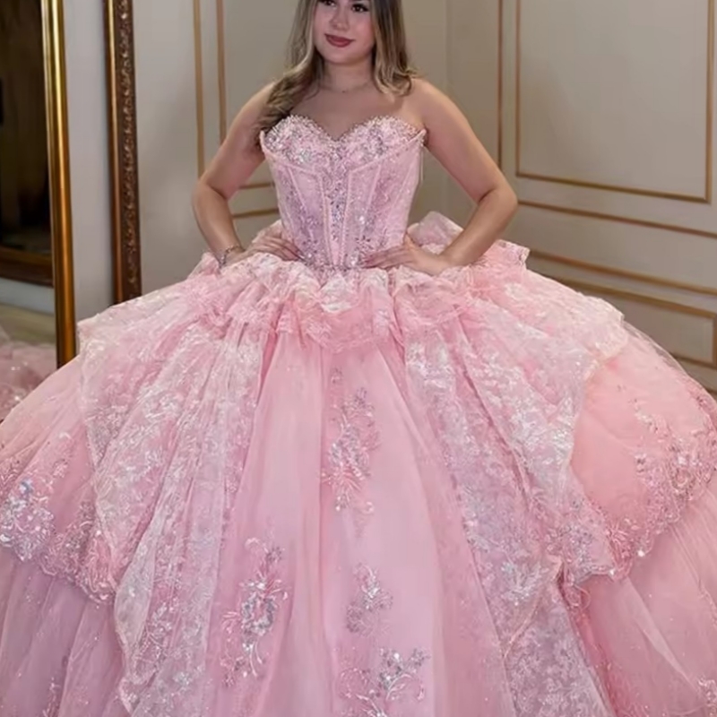 Pink Shiny Beaded Quinceanera Dresses Ball Gown Appliques Lace Party Birthday Sweet 16 Dress Vestidos De 15 Anos