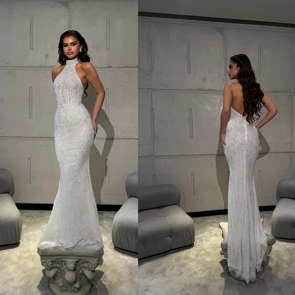 Classic Evening Dresses For Women Halter Neck Sleeveless Backless Gown Sequins Lace Floor Length Dress Party Customized Dress