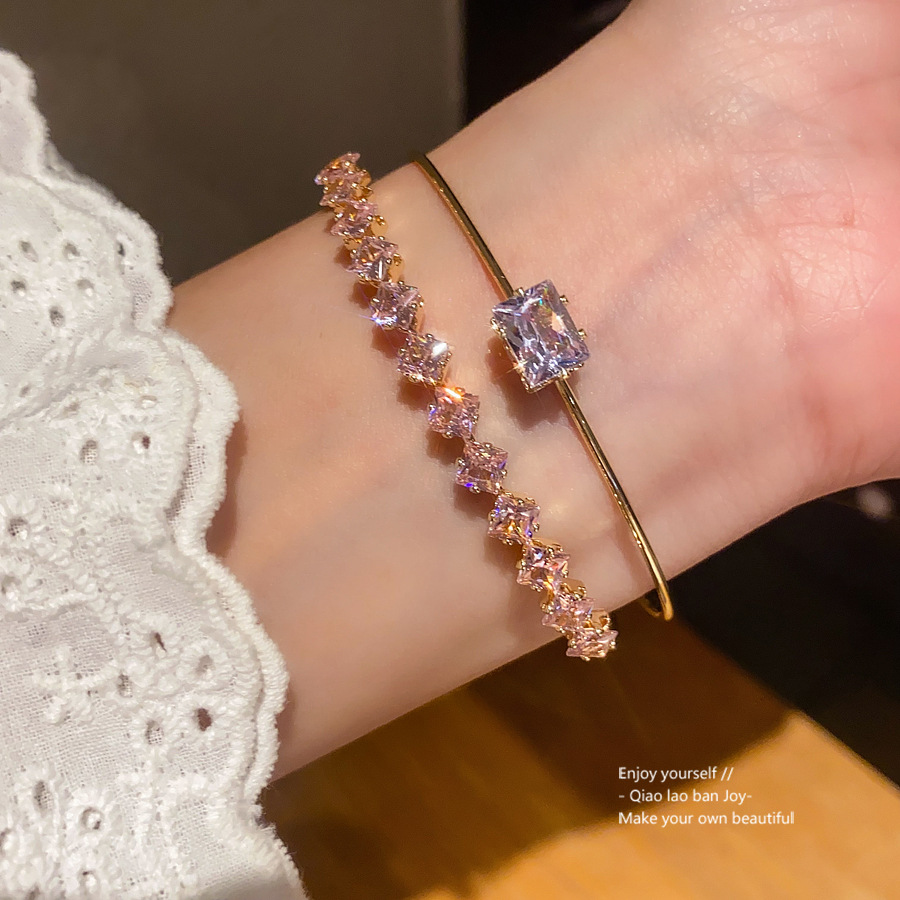 Gold - Toned Bangle With Pink & Clear Square Crystals, Statement Central Stone Design Delicate Daily & Glamorous Jewelry Gift For Her High - Quality A