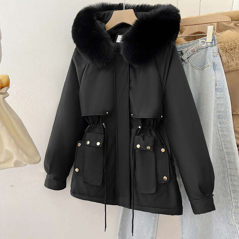 Padded Thickened Parka for Women Winter New Korean Style Coat with Large Fur Collar Short Hooded Cotton Jacket