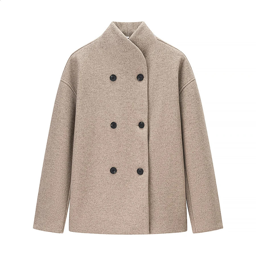 Autumn Winter Women Woolen Coat Fashion Double Breasted Elegant Long Sleeve Stand Collar Outerwear Chic Outfits 250911