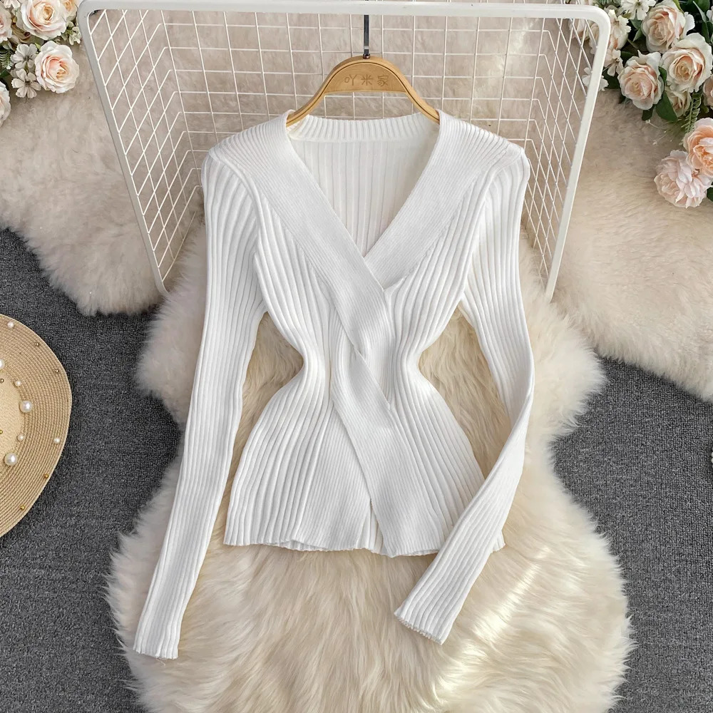 2026 Twist Front V Neck Slim Knitted Sweater Elegant Long Sleeve Solid Sweaters For Fall Winter Knitwears Pullovers Tops 250911