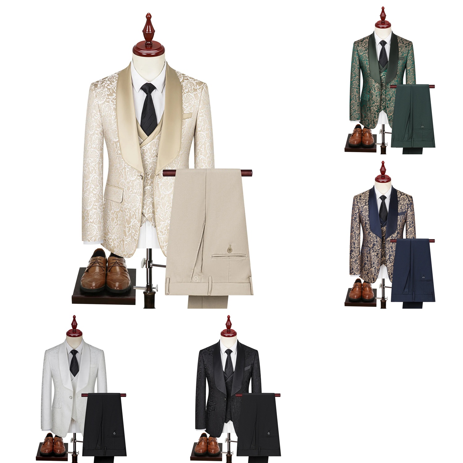 Men's Suits White 3 Piece Set Custom Wedding Jacquard Shawl Lapel XS-2XL Elegant Slim Fit (Jacket Vest Pants)