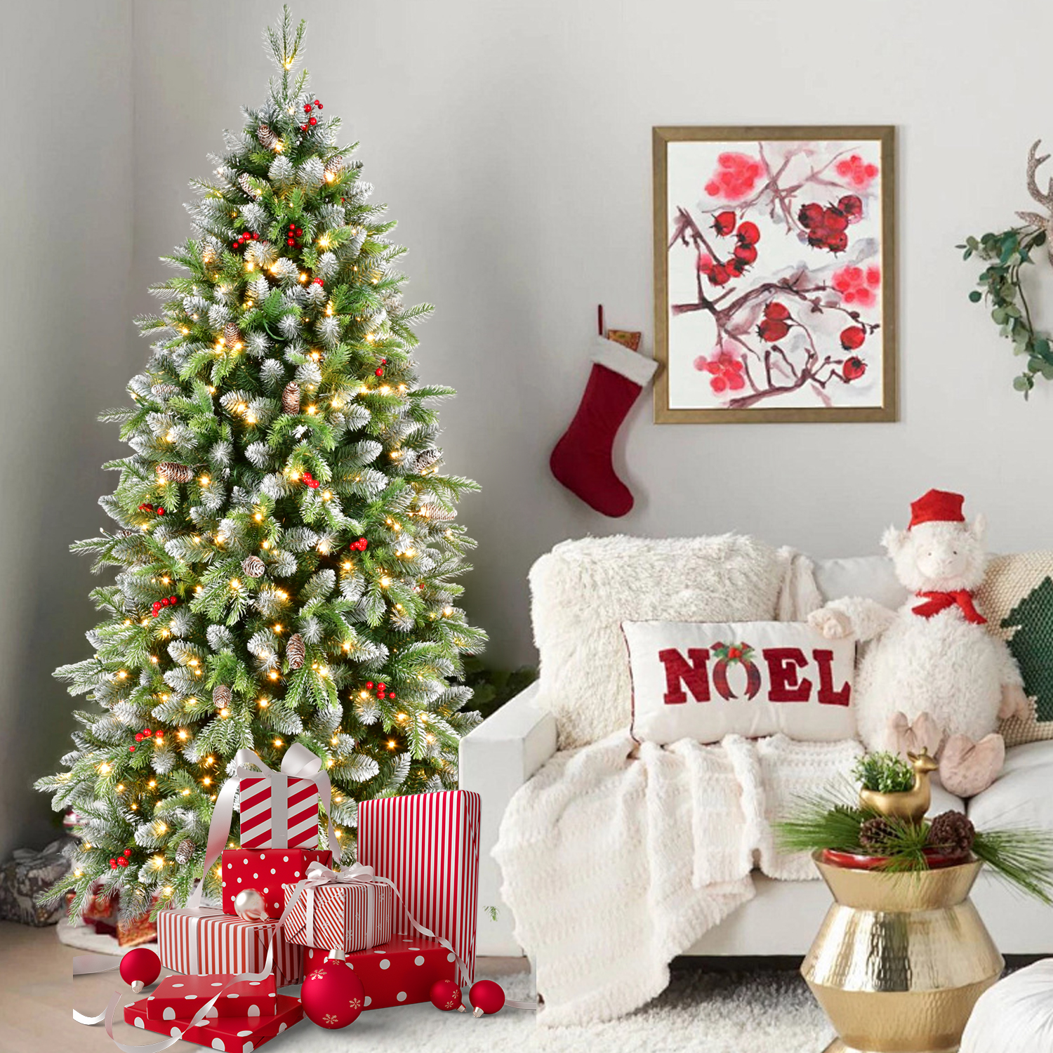 PVC & PE Mixed Warm White Christmas Tree with Red Berries and Natural Pine Cones - 6 Feet