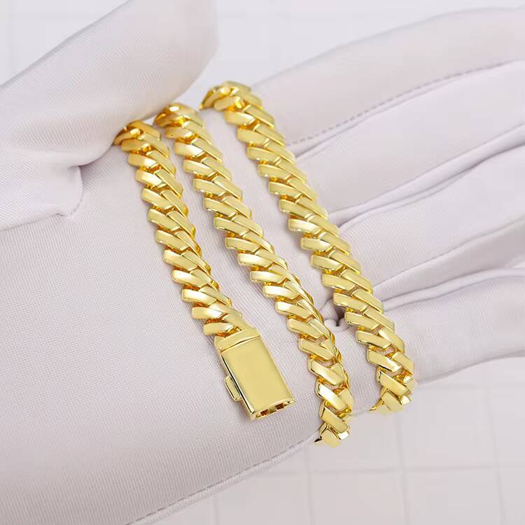Miami Cuban Link Chain Necklace Bracelet 15mm 12mm 8mm Wide 18k Yellow Gold Plated for Wedding Gift Engagement