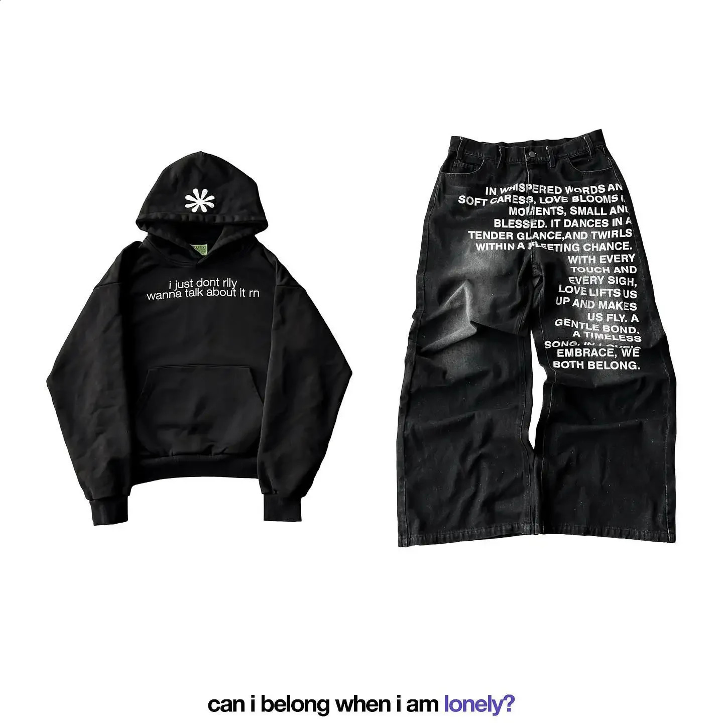 Harajuku grunge hiphop letter set printed mens sportswear twopiece y2k casual daily n couple highwaisted jeans 250911