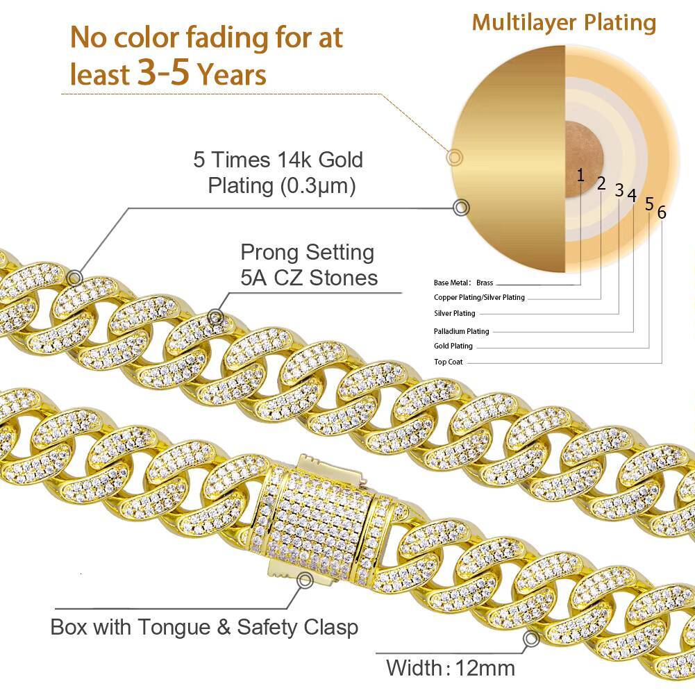 KRKC Wholesale 12mm 14K Gold Plated Hip Hop Jewelry 5A 2 Rows Iced Out CZ Diamond Cuban Link Chain Necklace