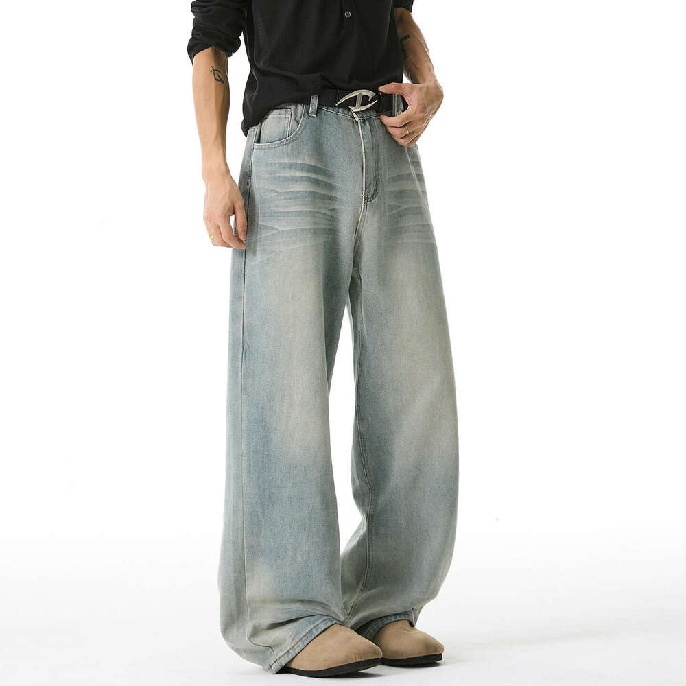 Cat Whiskers Vintage Washed Jeans for Men, New Autumn American High Street Trendy Loose Textured Straight Long Pants