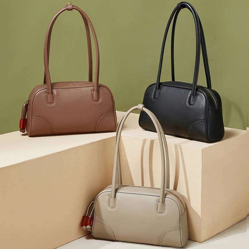 Toptrends Cowhide Genuine Leather Pillow Underarm Shoulder Bags For Women 2025 Designer Bowling Tote Work Ladies Handbags