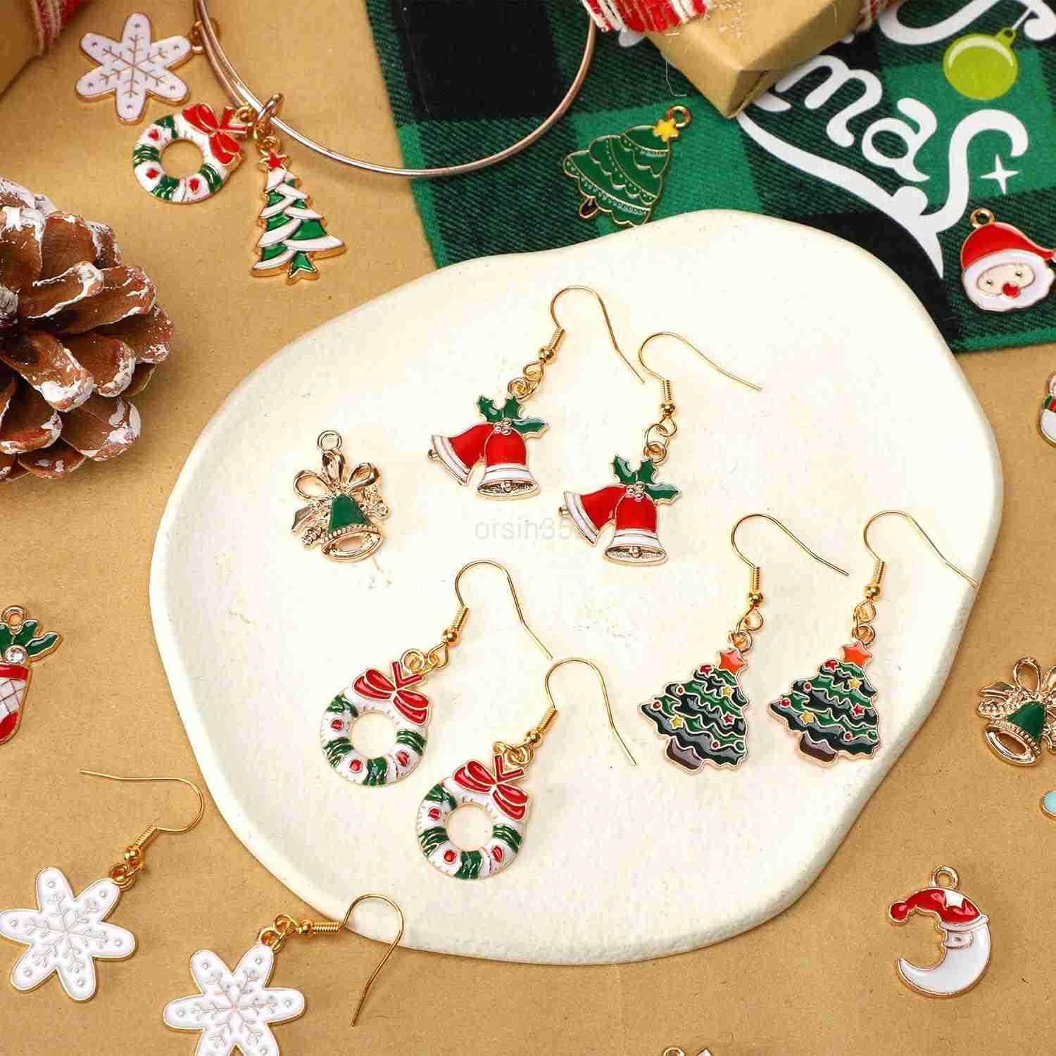 110Pcs 55 Pairs Christmas Charms Gold Enamel Jewelry Pendants for Xmas Earring Necklace Craft MakingW250911