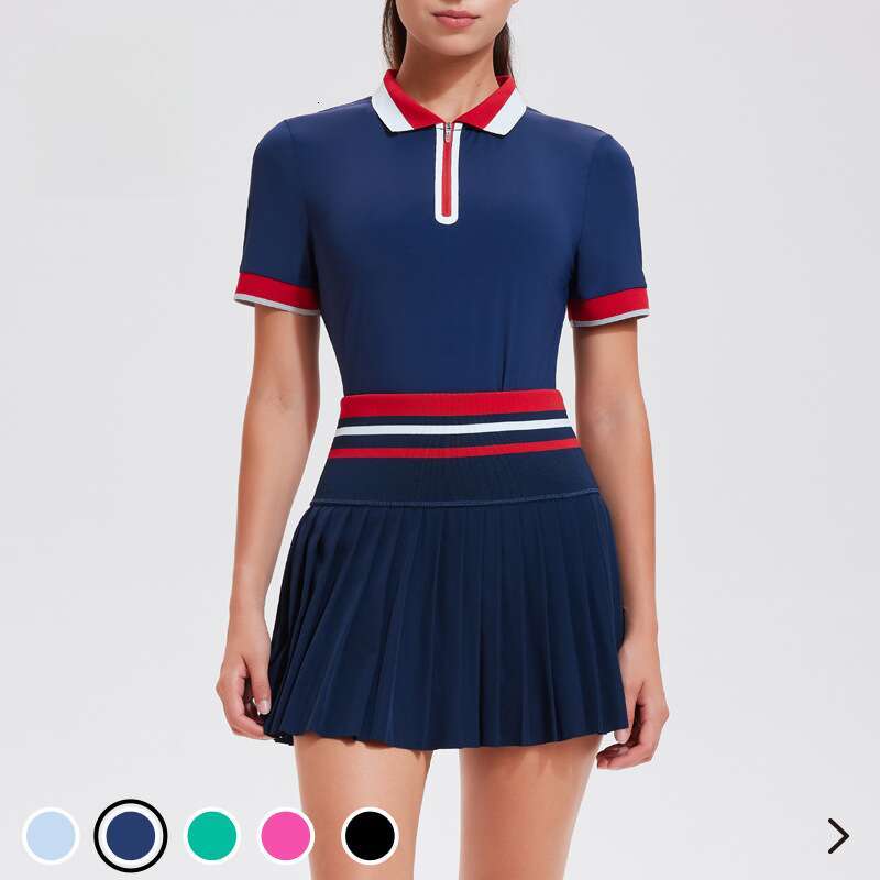 Cross-Border New Sports Top Women Summer Polo Collar Quick-Dry Breathable Running Fiess Skirt Tennis Outfit Set