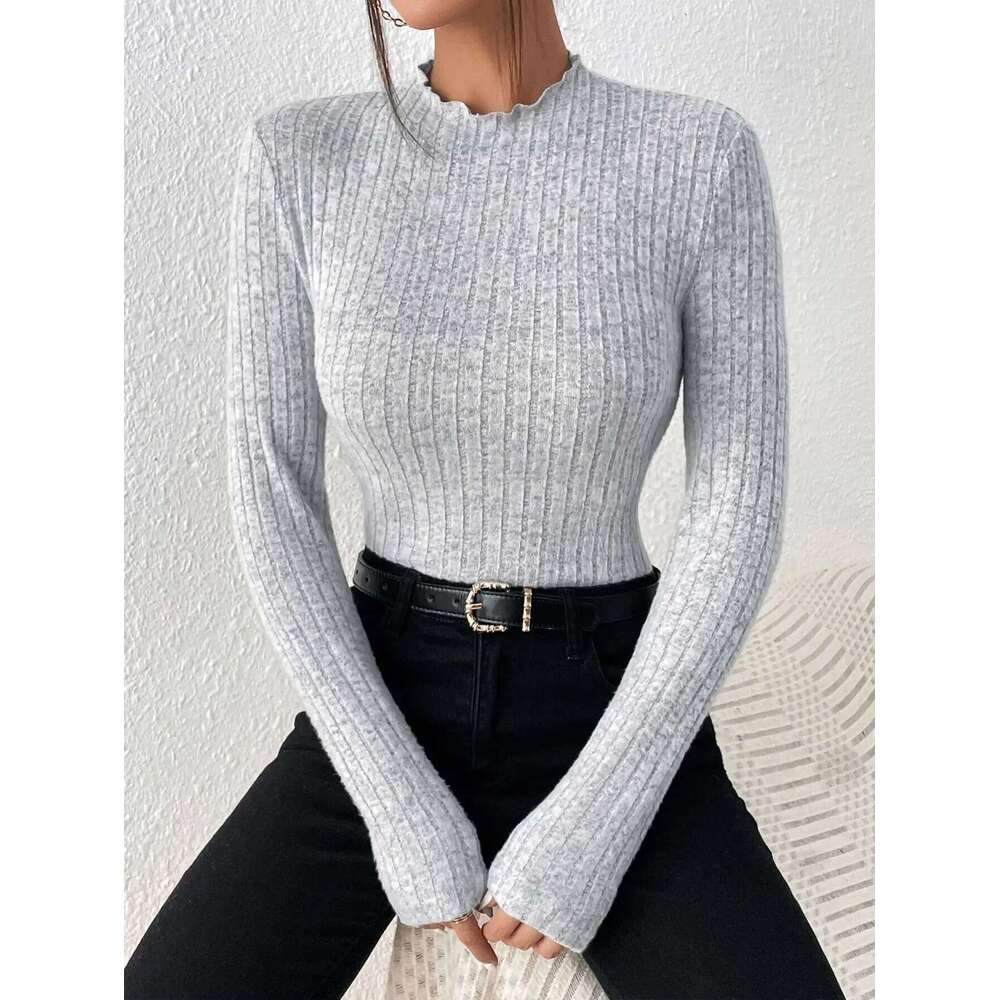 Fashion Slim Ruffle Neck Knit Long Sleeve Top, Lace Mid-Collar Women's Striped Bottom Shirt, Autumn And Winter Casual Sweater