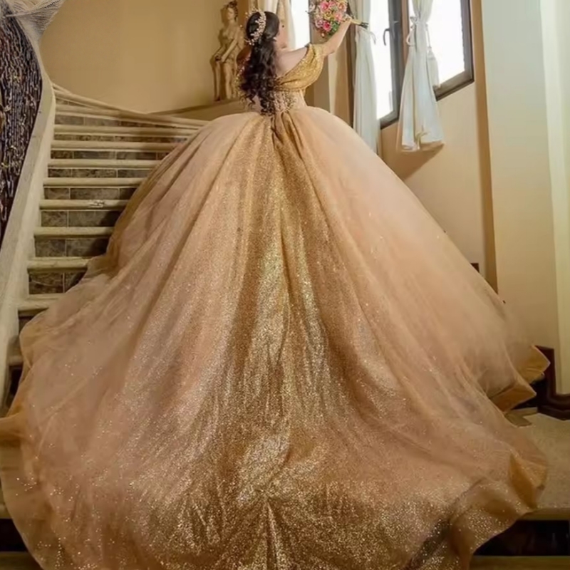 Gold Shiny Quinceanera Dresses Off The Shoulder Party Birthday Vestidos 15 De Anos sweet 16 Dress