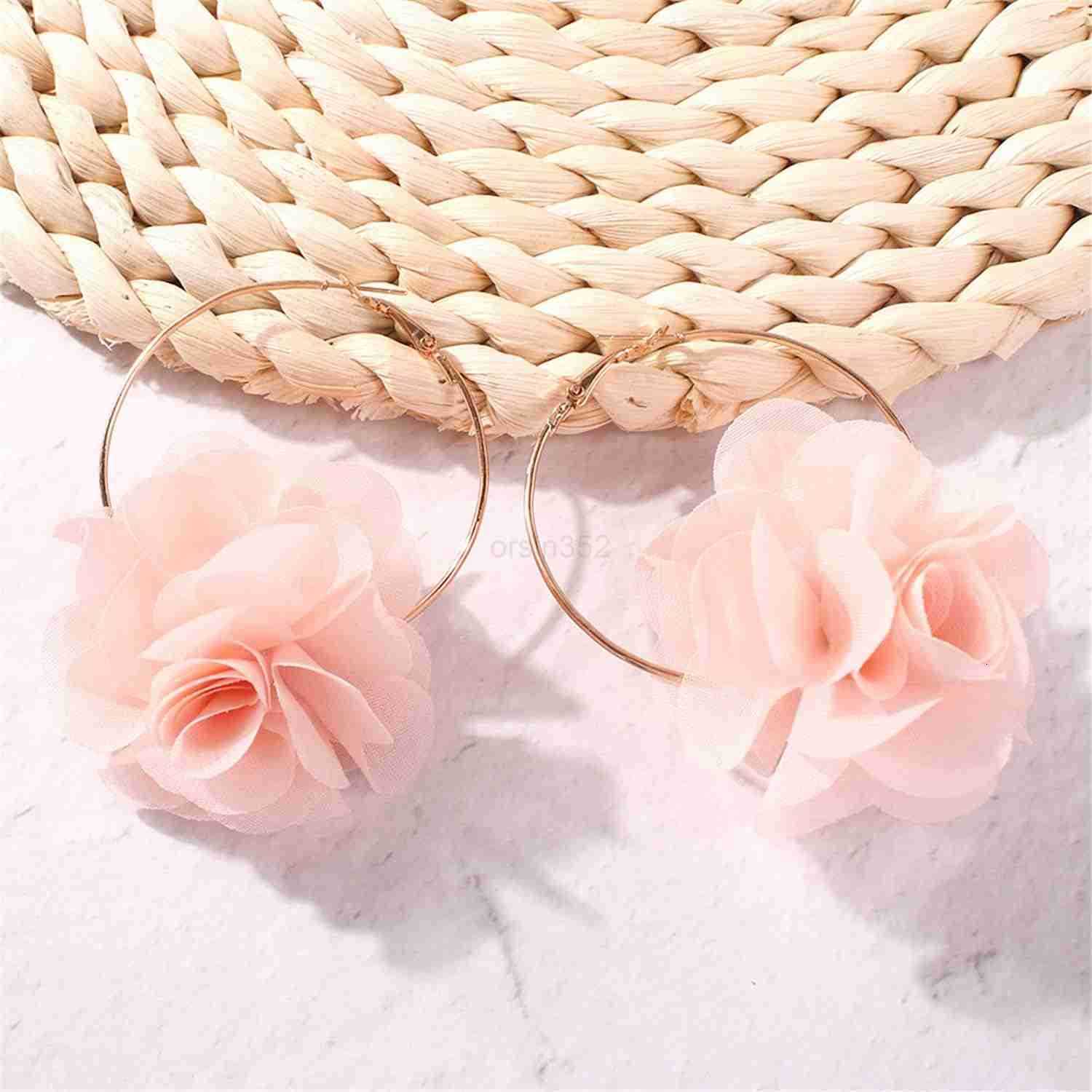 Big Fabric Flowers Dangle Drop Earrings Handmade Charm Chic Petal Hoop Earrings with Chiffon Floral Tassel for Women Vacation WeddingW250911