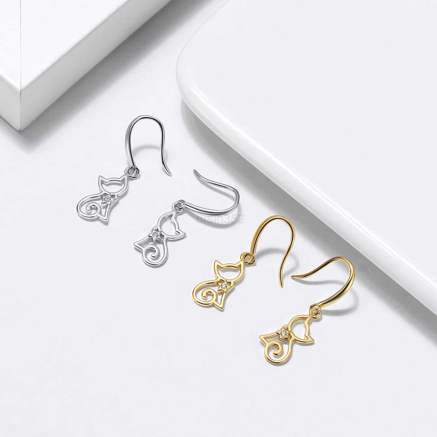 Dangle Earrings For Women by Ginger Lyne Clear Cubic Zirconia White Gold over Sterling Silver Pierced Kitty Ear Rings for Her Pet Lovers Fashion Jewel