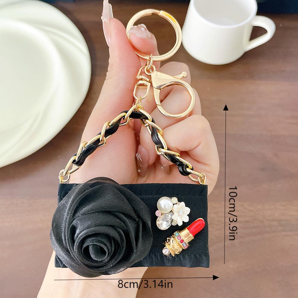 Luxury Camellia Flower Keychain with Bee Pearl Tassel Elegant Rose Gold Bag Charm Pendant Car Key Ring for Women Unique Gift Idea
