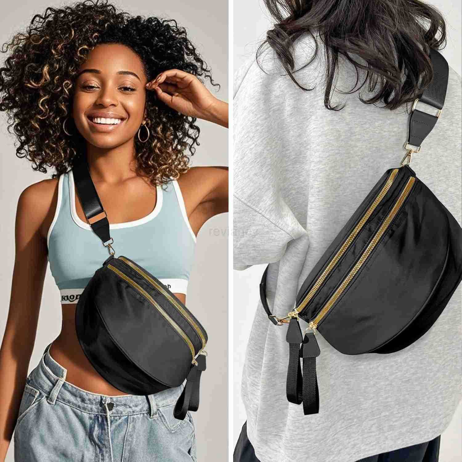 Crossbody Bags for Women Large Nylon Bum Bags Plus Size Fanny Pack Sling Bag Belt Bag for Women Travel Pure BlackW250911