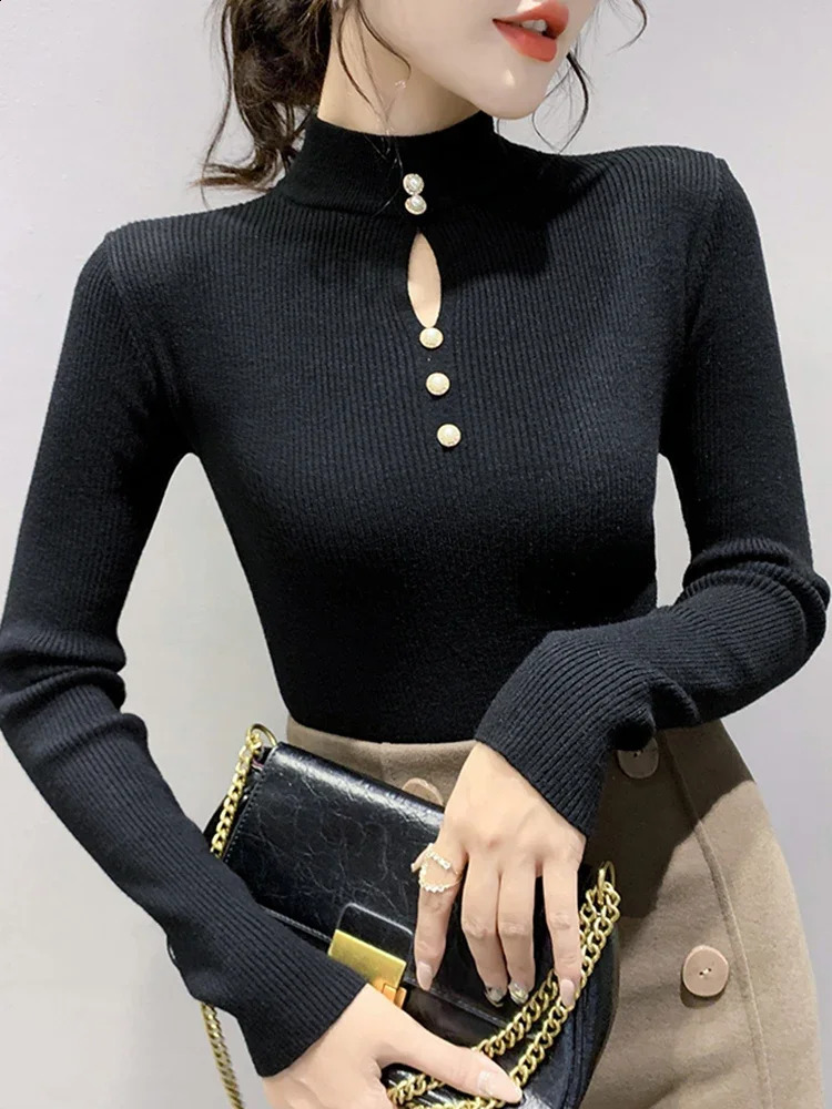 2026 Autumn Winter Pullovers Hollowout Sweaters Long Sleeve Women Half High Collar Sweater Female Slim Korean Knitwears Tops 250911