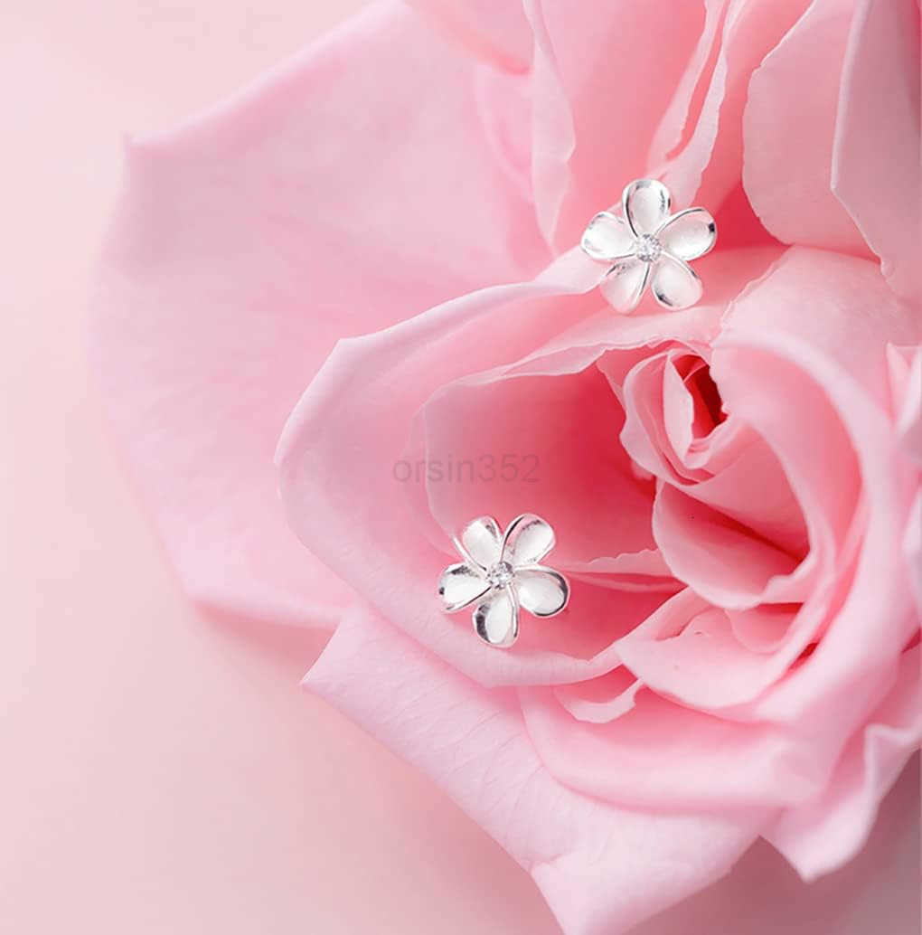 Solid 925 Sterling Silver Plumeria Flower Stud Earrings for Women Teens Crystal Flower Stud EarringsW250911