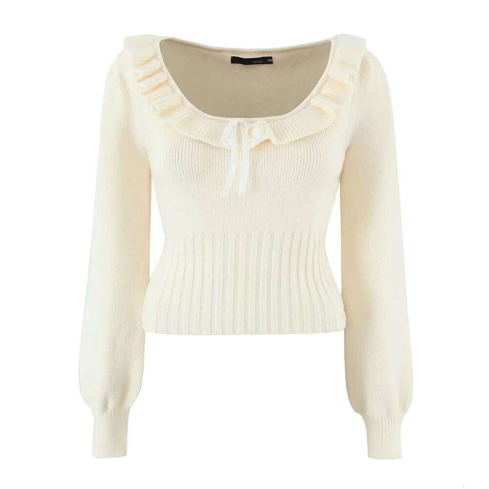 DHEssentials Ins Style 25 New Fashion Korean Sweet Lace Collarbone-Exposing Round Neck Ribbon Bow Sweater