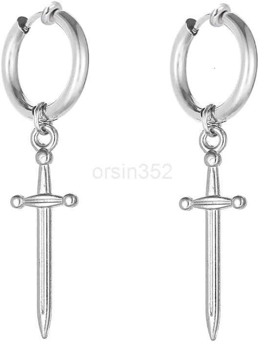 Clip on Dagger Sword Minimalist Dangle Drop Small Hoop Earrings for Men Women Boys Non Pierced Ear 316L Stainless Steel Charms Fake Huggie Hoops Carti