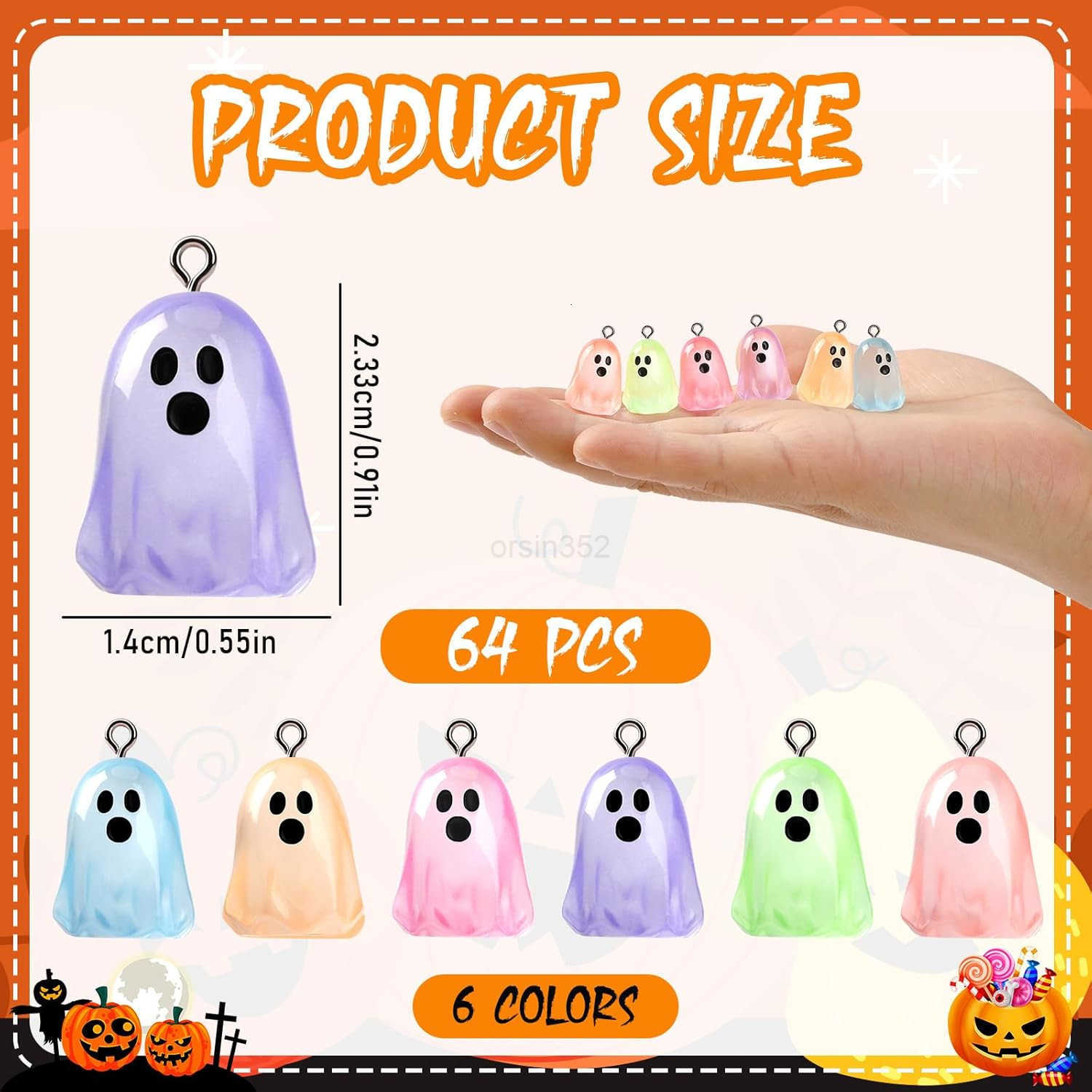64 Pcs Halloween Ghost Charms Resin Ghost Charms Luminous Ghost Beads Halloween Pendant Bulk Glow in The Dark Ornament for DIY Necklace Earrings JeweW