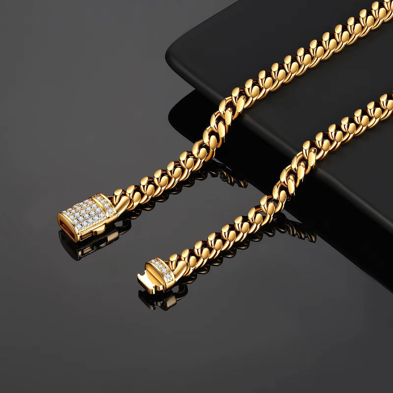 New 614mm Width 18K Gold Plated Stainless Steel Iced Out Zircon Clasp Cuban Chain Custom Design Miami Cuban Link Chain Necklace