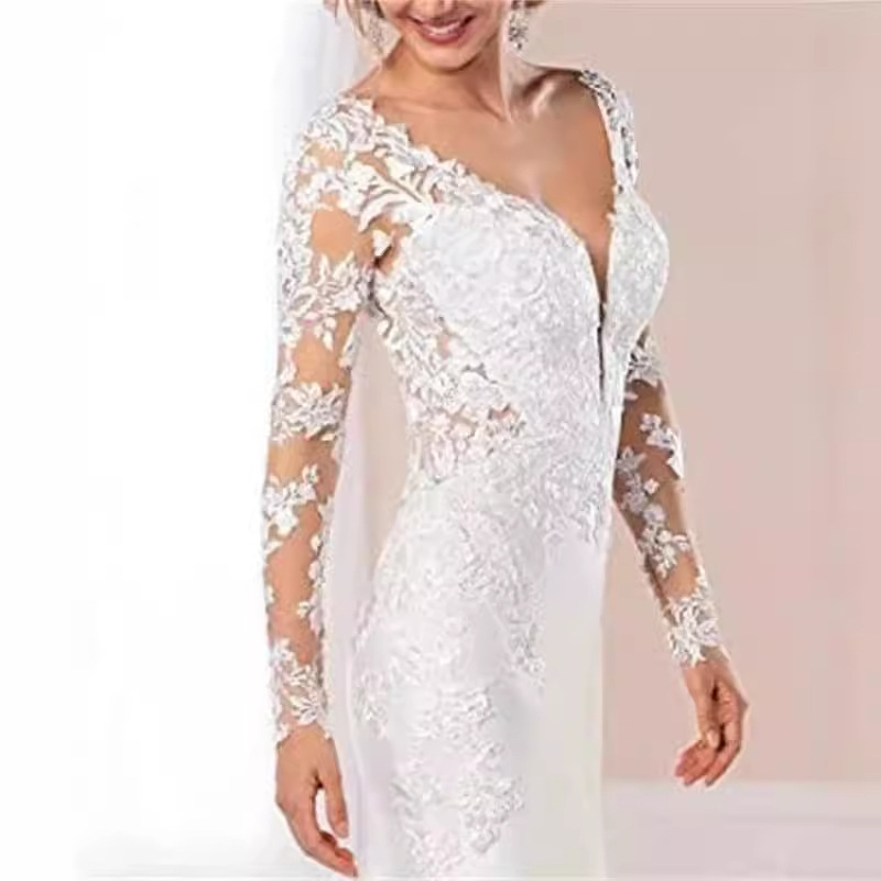 Sexy Sheer Back Mermaid Wedding Dress V-Neck Sequins Beads Lace Appliques Long Sleeves Satin Bridal Bride Gowns Vestidos De Novia