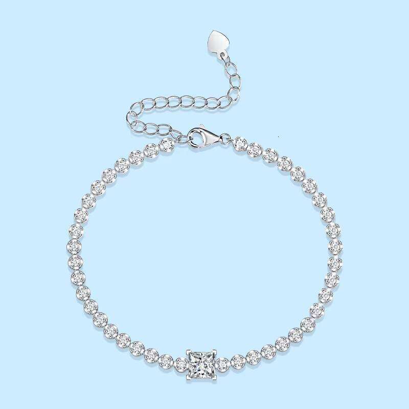 Sterling Gold Plated Chain 1ct Baguette Square Dia Moissanite Sier Link Classic Bracelet