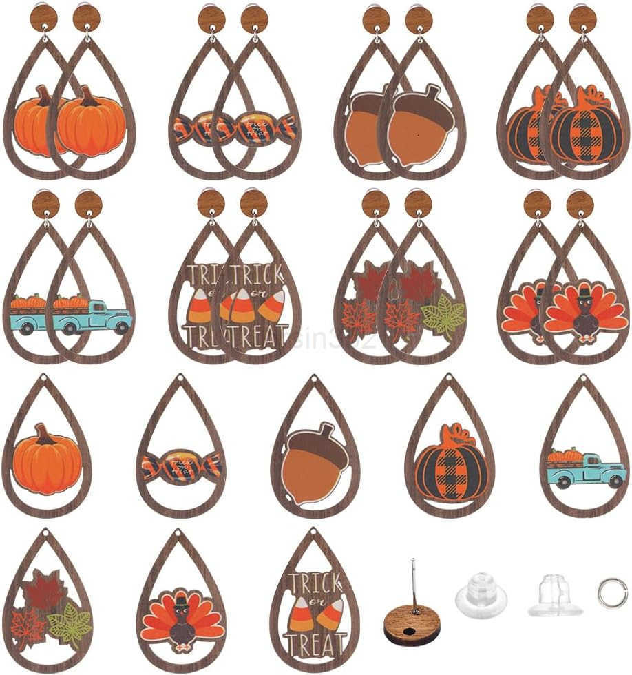 1 Box 72Pcs DIY 8 Pairs Thanksgiving Dangle Making Starter Kit Thanksgiving Earrings Bulk Wood Teardrop Charms Wooden Fashion Earrings for Jewelry Mak