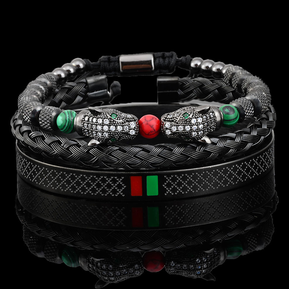 Luxury Brand Designer Jewelry Stainless Steel Double Leopard Head Natural Stone Braided Bracelet Fashion C-Shaped Titanium Steel Bracelet Set for Wome