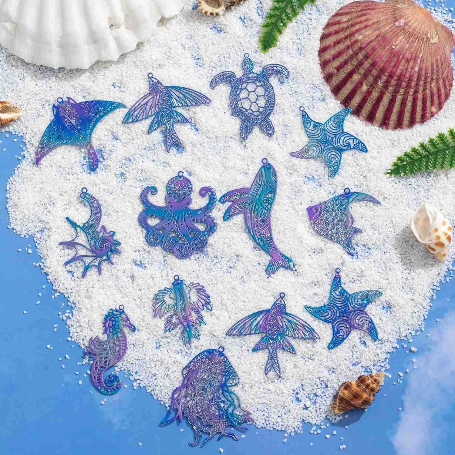 24pcs Assorted Ocean Charms Dazzling Colorful Filigree Metal Embellishment Hollow Sea Animal Pendants for DIY Jewelry Making Earrings Necklaces Hangin
