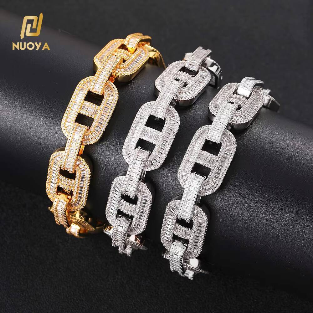 NUOYA Luxury Hip Hop Jewelry 15MM Iced Out Diamond Cuban Chain Necklace Silver Plated Cuban with Flip Clasp for Men Women