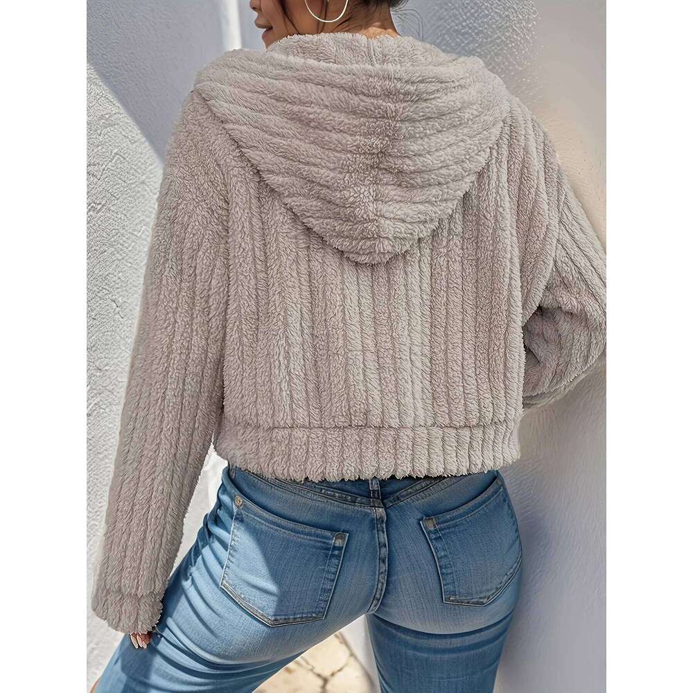 Elegant Faux Fur Zip-Up Hooded Jacket Women - 100% Polyester Solid Color Cozy Short Coat For Fall/Winter