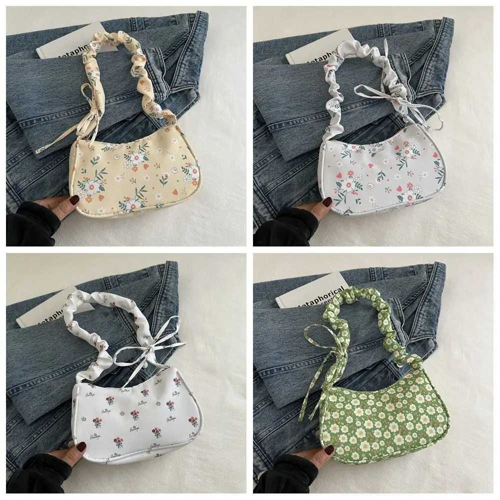 Elegant Flower Pattern Printing Shoulder Bag Bow Large Capacity Sweet Canvas Bag Wrinkle Underarm Bag Lovely Tote Bag Outdoor W250911