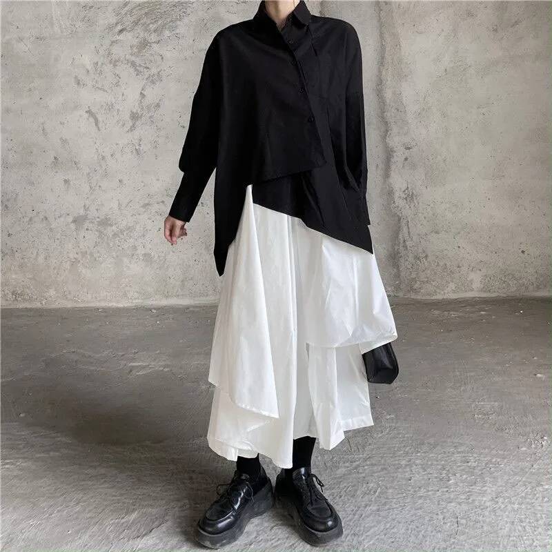 Gothic Irregular Pants High Waist White Black Long Female Pleated Skirts Culottes Women Clothes dongdumaoyi