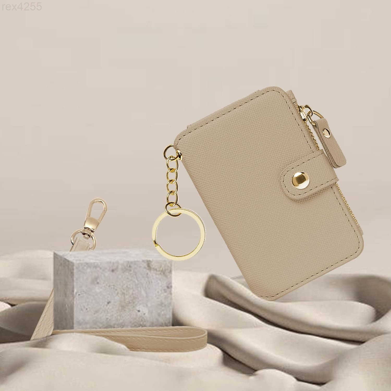 Wallet Womens Wallet Leather Keychain Wallet With Zipper Coin Pocket ID Window Wrist Strap Gift Box KhakiW250911